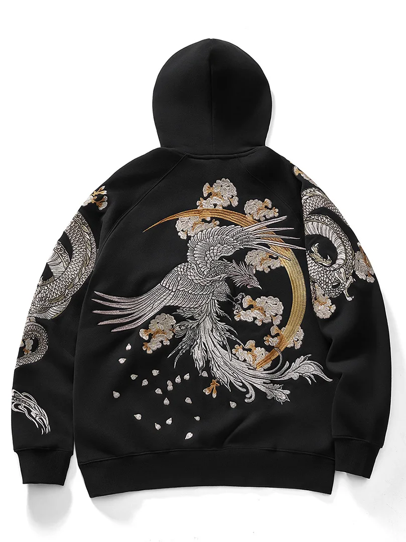 Unisex Sukajan Hoodie für Männer und Frauen, Drachen- und Phönixmuster, Stickerei, Baumwollpullover, lockerer, lässiger Street-Sweatshirt, TopsA1 – Detail 3