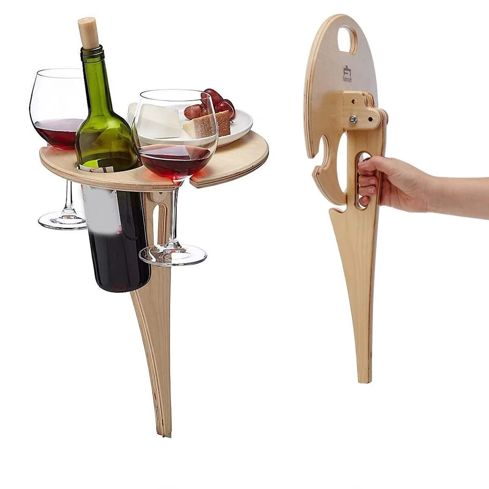 A25UFreestanding Wine Table Rack Portable Foldable Table Wooden Rack Inserted Into the Ground Holder for Camping & Picnic