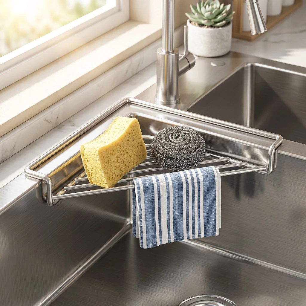 Triangular Stainless Steel Kitchen Sink Organizer Multifunctional Faucet Sponge Drain Basket For Dishcloth Scrubber Storage Rack