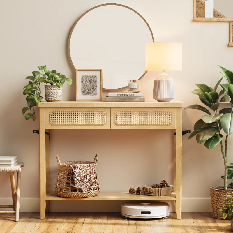

Style narrow entrance table 2 drawers storage rounded corner style rattan console sofa table