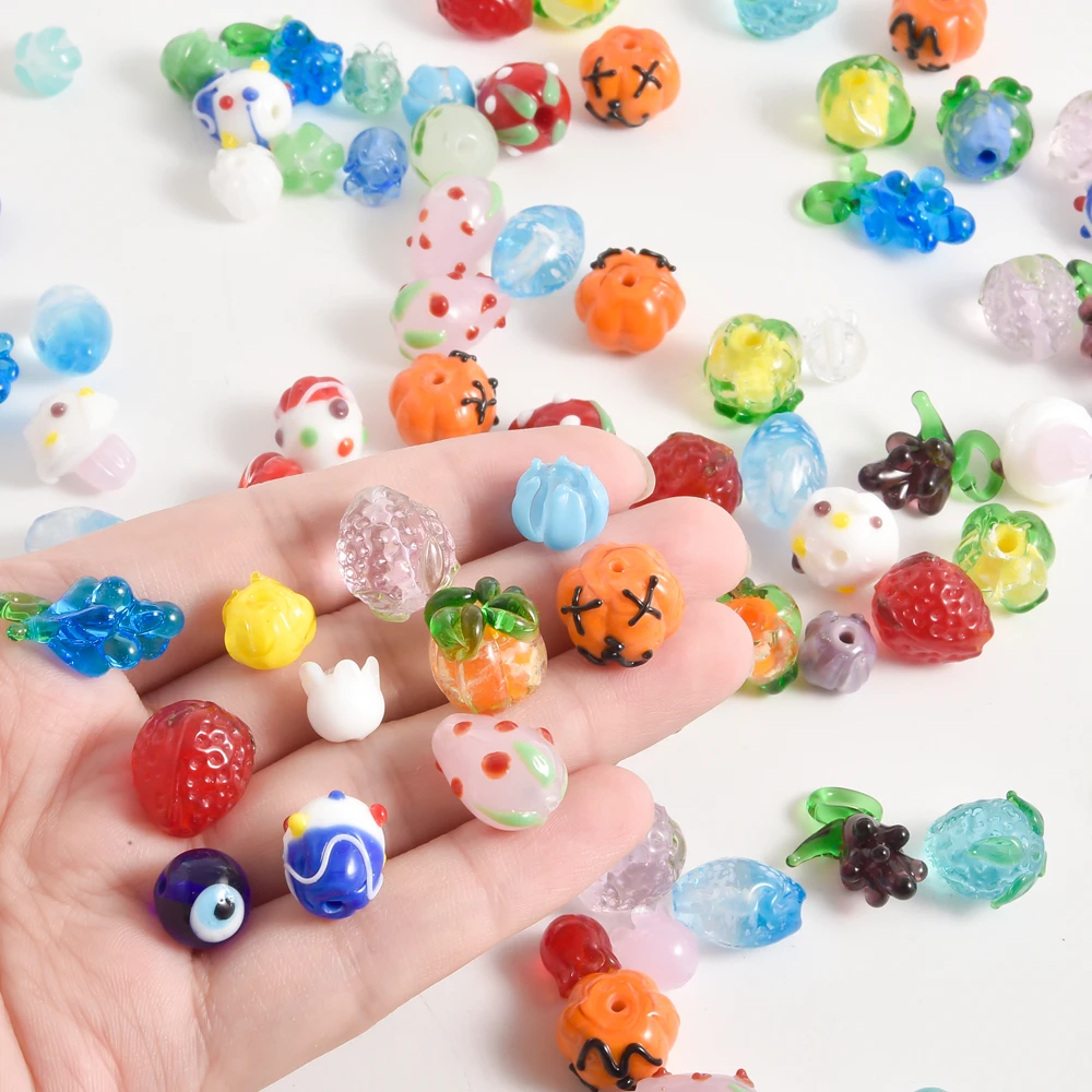 10pcs/Lot New Fruits Strawberries Persimmons Grapes Glass Bead Pumpkin Cake Flower Beads For Jewelry Making Diy Bracelets Crafts