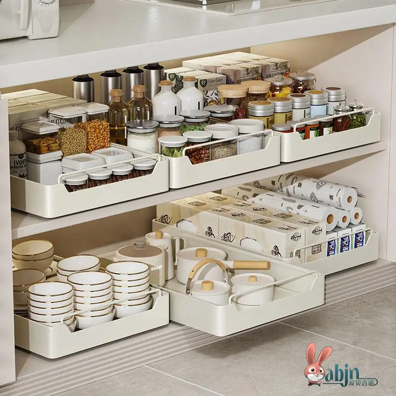 Kitchen Cabinet Drawer Style Storage Box under Sink Deep Cabinet Shelf Pull out Rack Dishware Plate Storage Basket