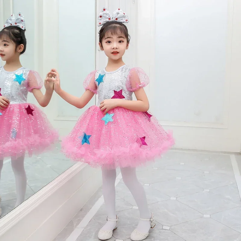 

2025Kids Girls puff sleeves Sequin Ballet Tutu Mesh Dance Dress Set Children Stage Performance Modern Jazz Dance Costume