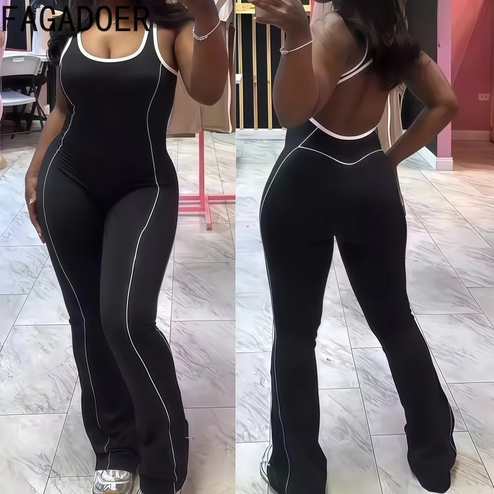 

FAGADOER High Quality Sport Bodycon Jumpsuits Women Sexy Spaghetti Strap Stripe Patchwork Rompers Female Streetwear Overalls New