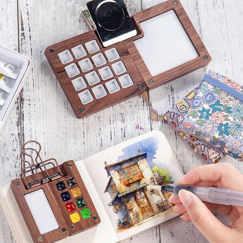 【C】Mini Walnut Wood Watercolor Palette Portable Paint Box With Clip Travel Painting Paint Tray Art Supplies Sketchbook Palette