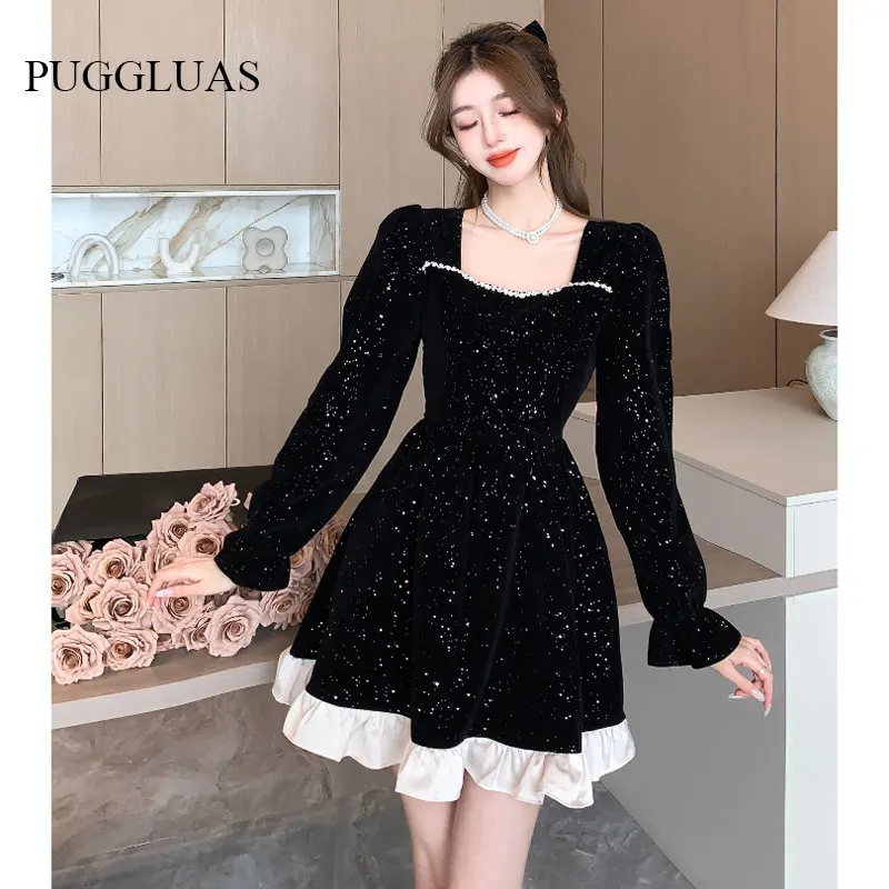 

Autumn Vintage Party Dot Dresses Women Korea Elegant Chic Princess Square Collar Long Sleeve Retro Christmas New Year Mini Dress