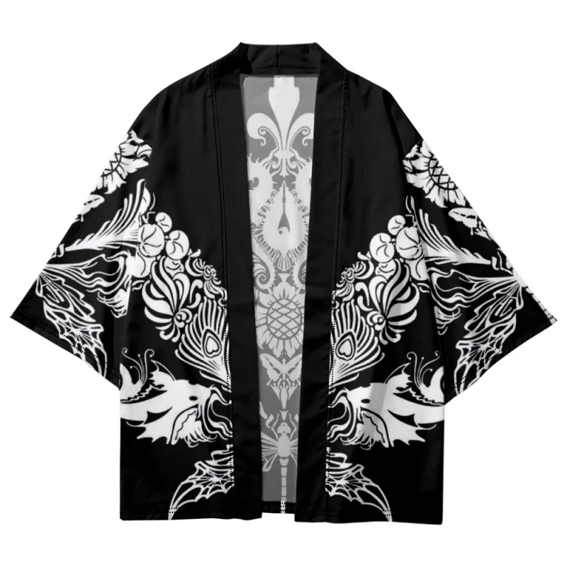 

Chinese Anime Black White Print Haori Japanese Cardigan Shirts Traditional Kimono Men Women Beach Yukata Cosplay Asian Clothing