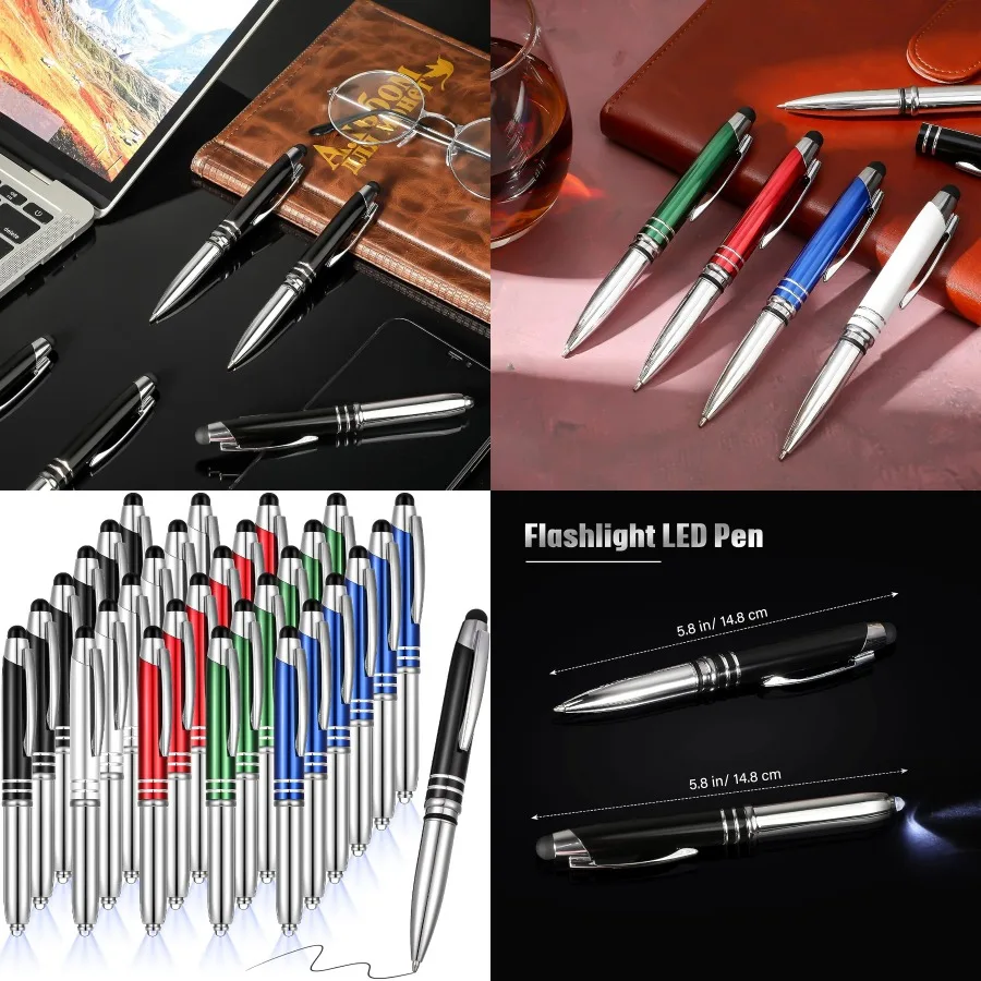 

Zonon, 30 шт., светодиодная шариковая ручка со стилусом 1,0 мм, черные чернила, металлический стилус для сенсорных экранов, многофункциональная крышка 3 в 1
