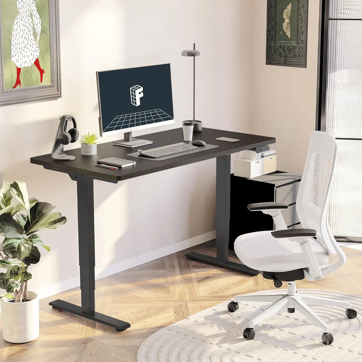 E6 Essential Standing Desk Dual Motor 3 Stages Whole-Piece Electric  Home Office Desk (Black Frame + Black Desktop, 2 Packages)