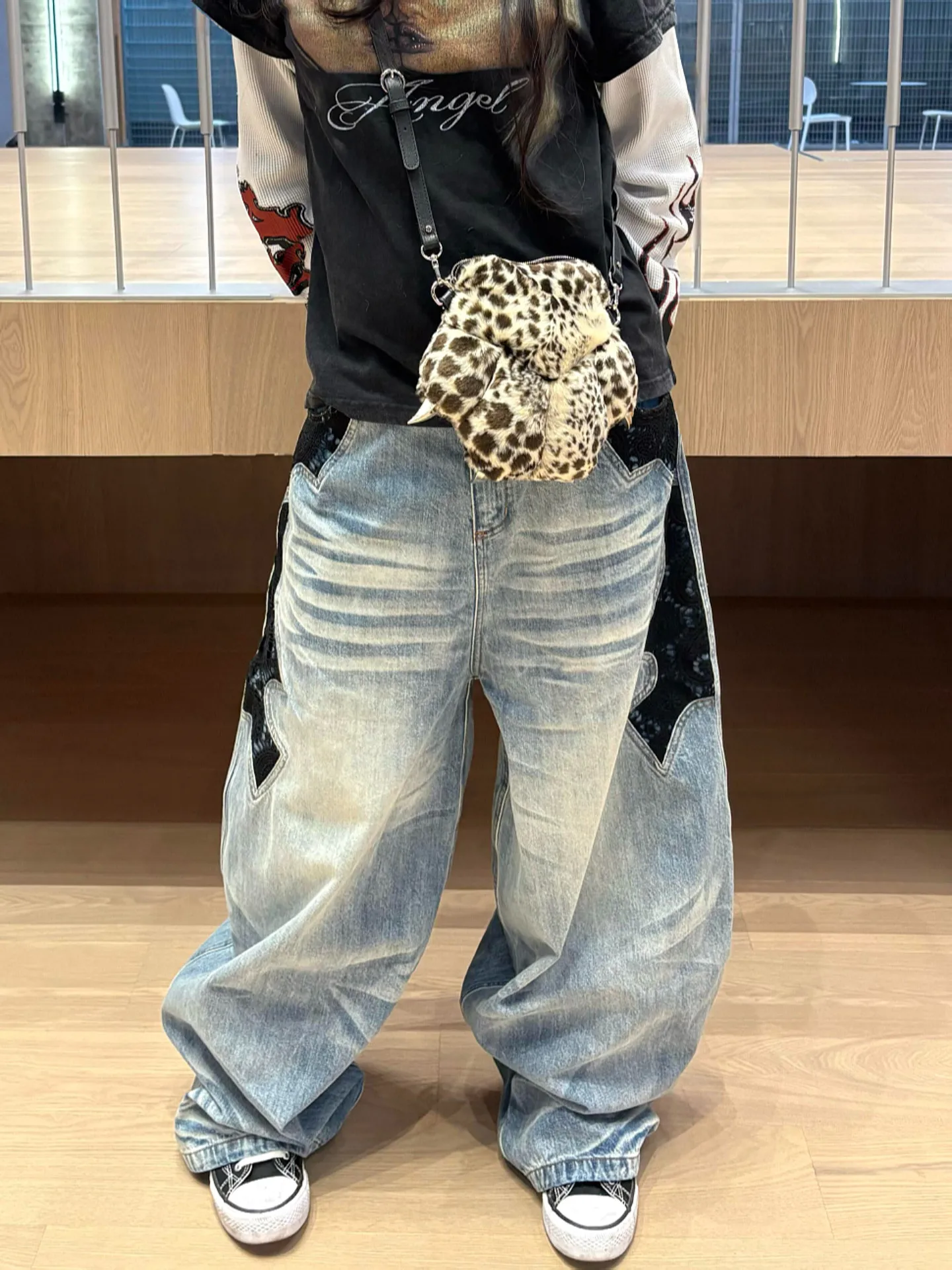 Women's Blue Y2k Jeans Harajuku Vintage Wide Leg Denim Trousers American Retro 2000s Style Boyfriend Jeans Pants