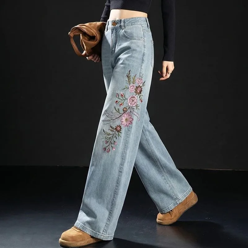 Embroidered Denim Wide-leg Pants Are Thin and Versatile 2026 Spring and Summer New Chinese Style Pants Straight-leg Pants