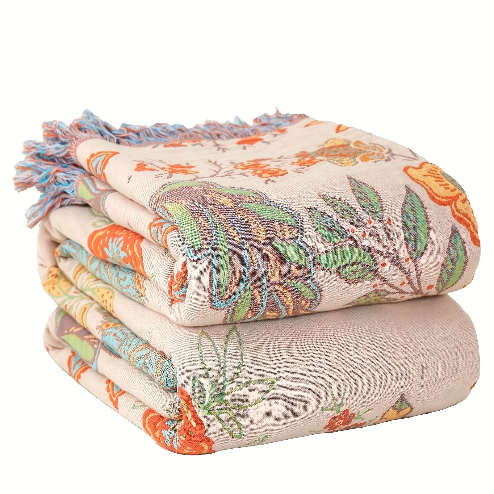 Boho Floral Reversible Throw Blanket with Tassels Soft Cozy Green Leaf Design for Couch Bed And Armchair