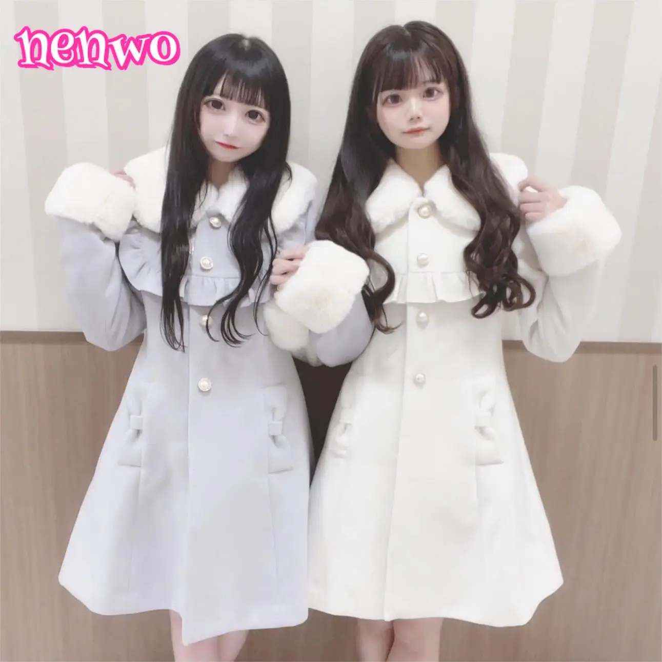 

Японские женские пальто с меховым воротником и меховыми рукавами, женское осенне-зимнее шерстяное пальто средней длины с тонкой талией и длинными рукавами на шнуровке сзади