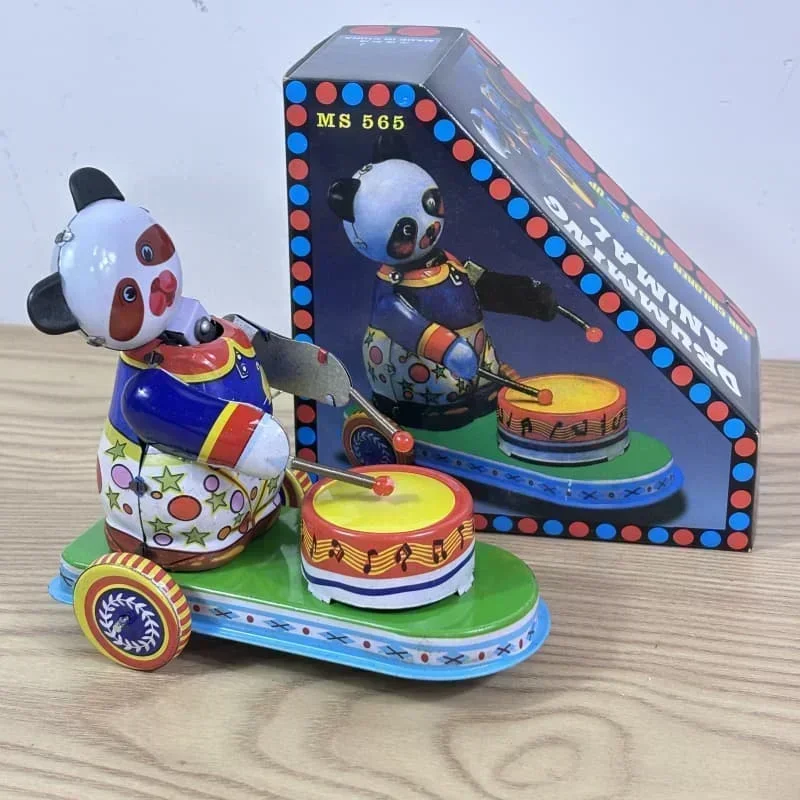 Panda Car Mechanical Clockwork Toy Collection Retro Metal Tin Drumming Animal Figures Model Kids Brithday Gift Wind Up Toy