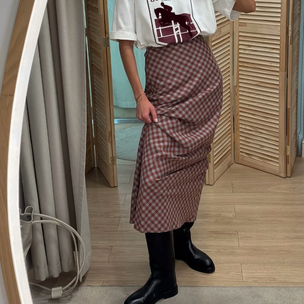 TWOTWINSTYLE アメリカンレトロクラシックチェック柄ミディスカート女性のためのハイウエスト痩身ハイエンドオフィスフィッシュテールスカート女性トレンド