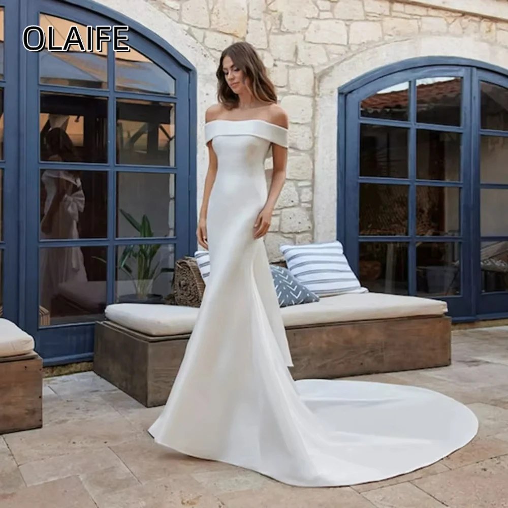 Olaife Mermaid Satin Sweep Wedding Dresses Off Shoulder Bridal Gowns With Buttons Bow Back Brides Robe De Mariee vestido novia