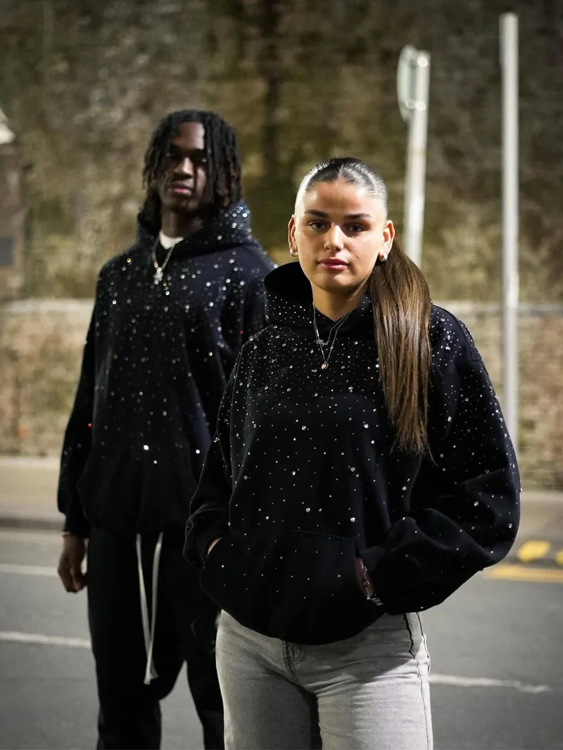 

Fashionable Zipper Hoodie with Embedded Rhinestones Street Style Long Sleeve Sweatshirt for Couples Youth Polyester Fiber