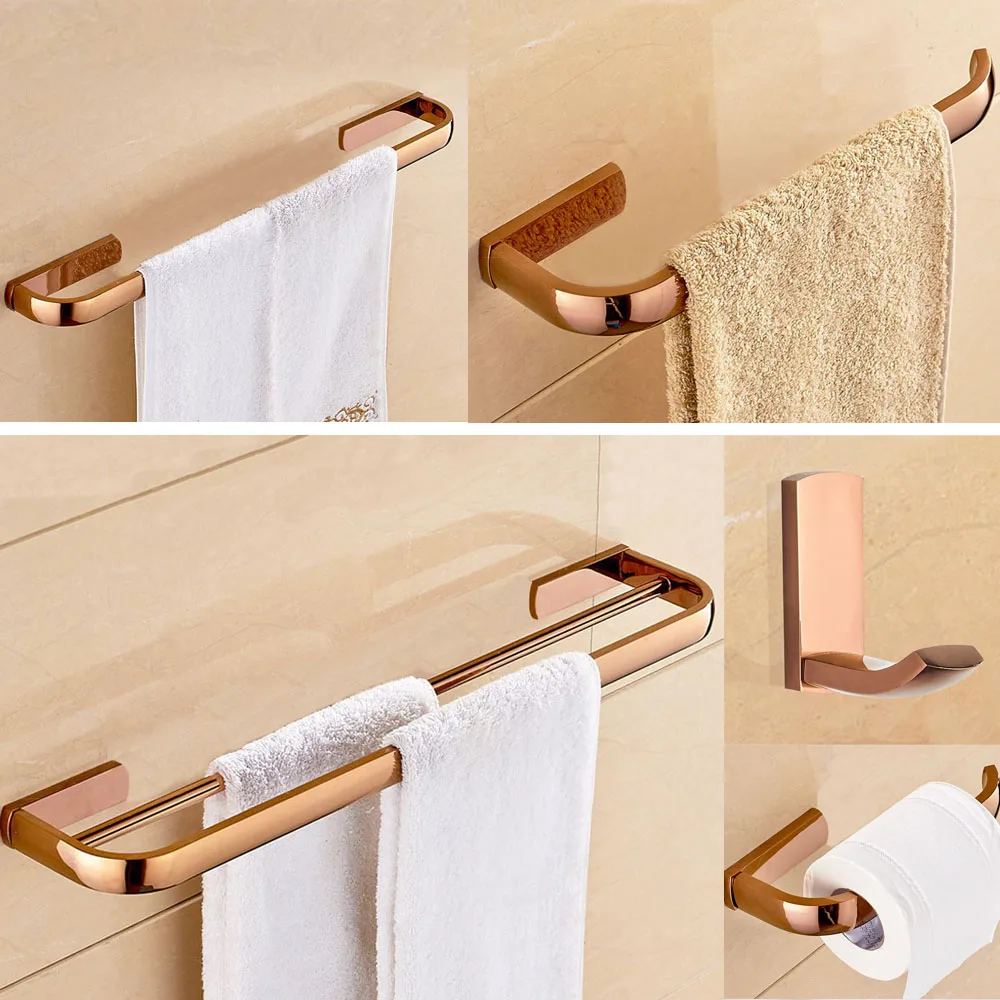 Rose Gold Copper Brass Square Shape Bathroom Accessories Set Towel Bar Toilet Paper Holder Robe Hook Wall Mounted azh105