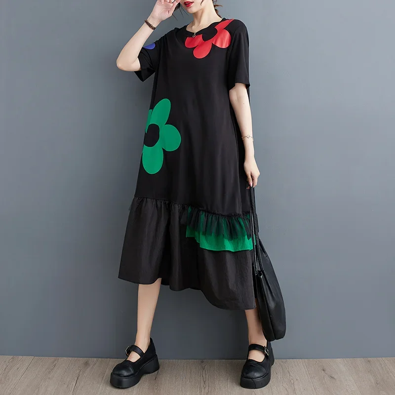 Koreanische Art Blume gedruckt A-Linie langes T-Shirt Kleid Frauen Sommer Kurzarm O-Ausschnitt lässig lose O-Ausschnitt Midi-Kleider