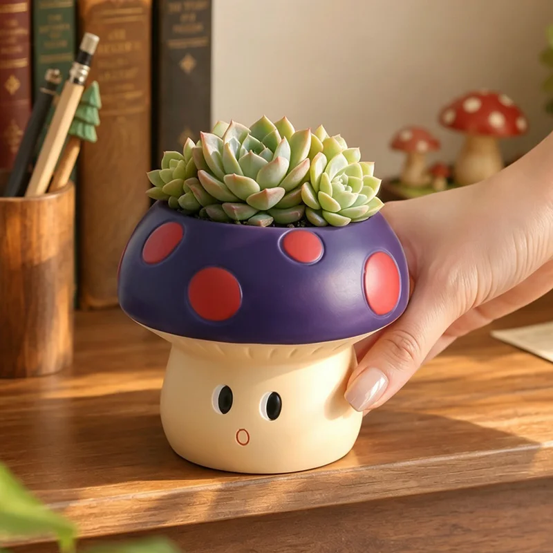 Maceta de resina con diseño de hongo de dibujos animados, para suculentas, mini maceta para cactus, decoración para escritorio, ventana, balcón, hogar, un bonito regalo para amantes de las plantas.