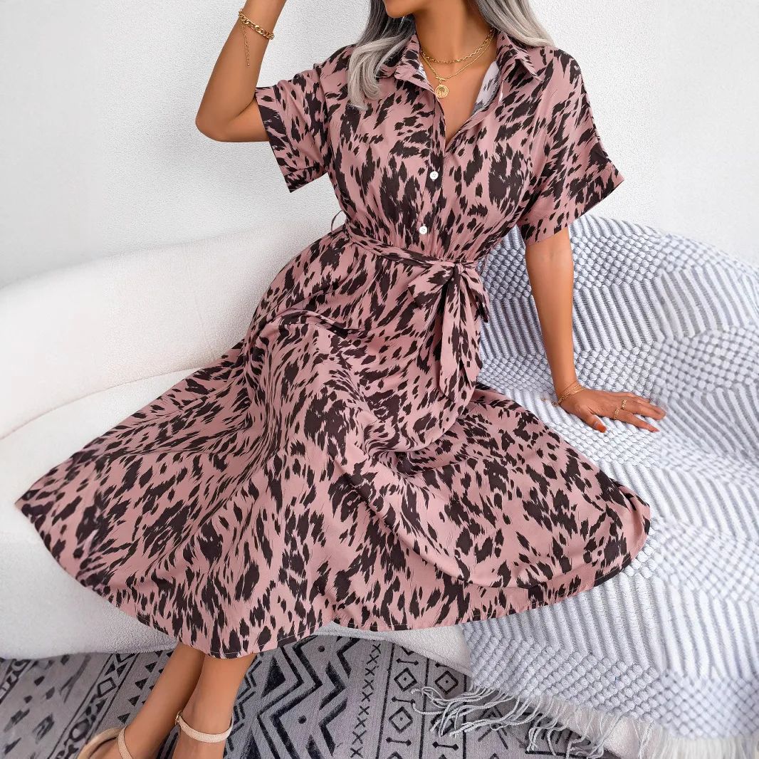 여성 우아한 드레스 여름 레오파드 프린트 맥시 롱 선드레스 반팔 파티 쉬폰 베스티도스 캐주얼 라펠 셔츠 드레스 로브
