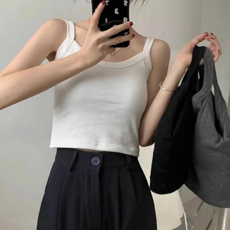 

Summer new solid color small sling short vest women's sleeveless T-shirt tight around neck niche design backless sports top