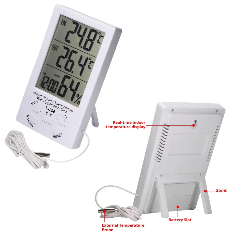

-40~70℃ Digital Thermometer Hygrometer LCD Display 10-99%RH with 1.5m Probe C/F Switch Max Min Memory Temperature Humidity Meter