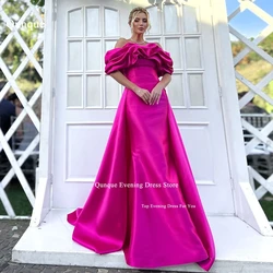 Qunque Fuchsia Evening Dress For Party Satin Off the Shoulder Sleeves Pleats Customized Mermaid Prom Gowns Train Celebrity Dress