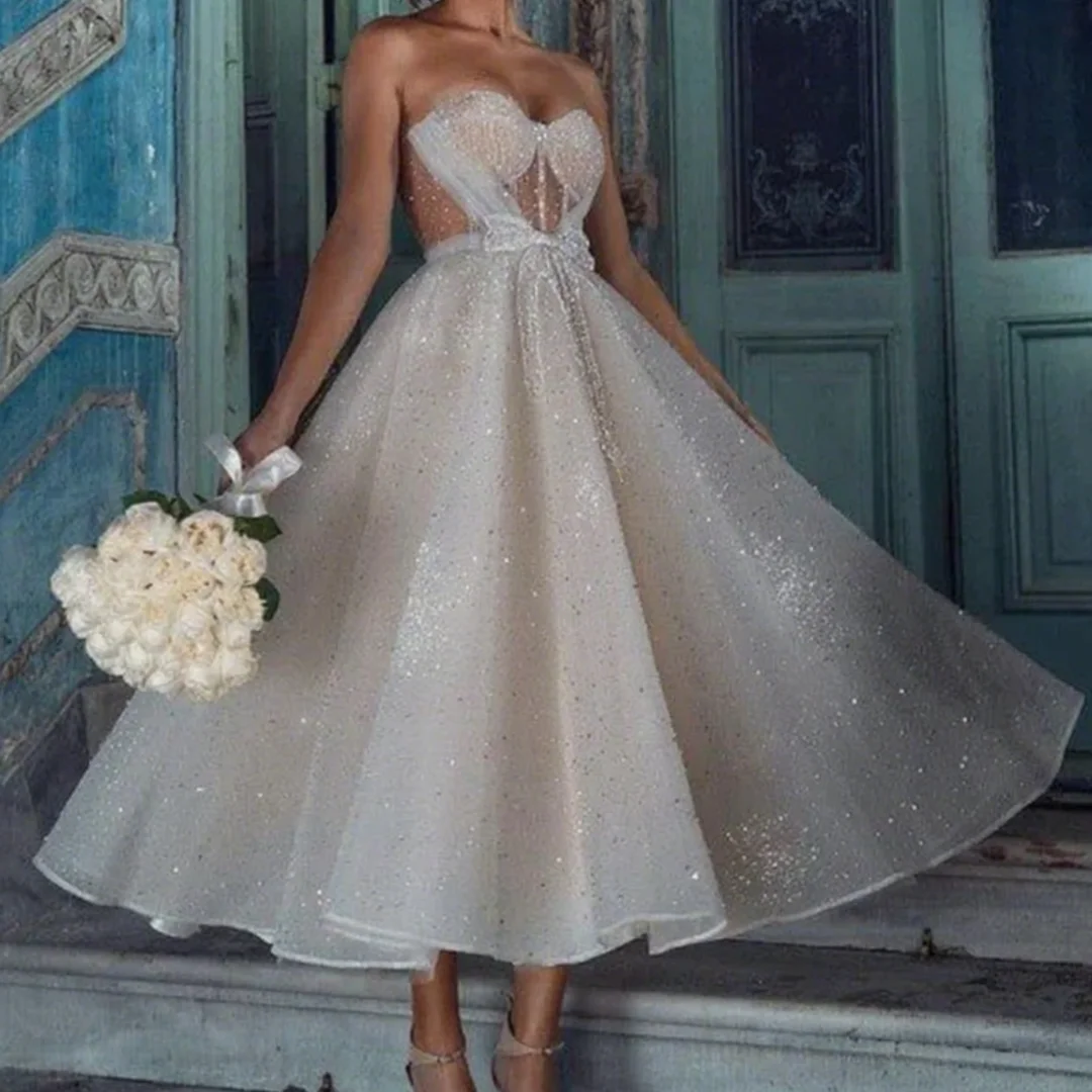 

Sparkly A-Line Prom Dresses Sweetheart Sleeveless Illusion Tea Length Birthday Party Prom Gowns Customized 2025