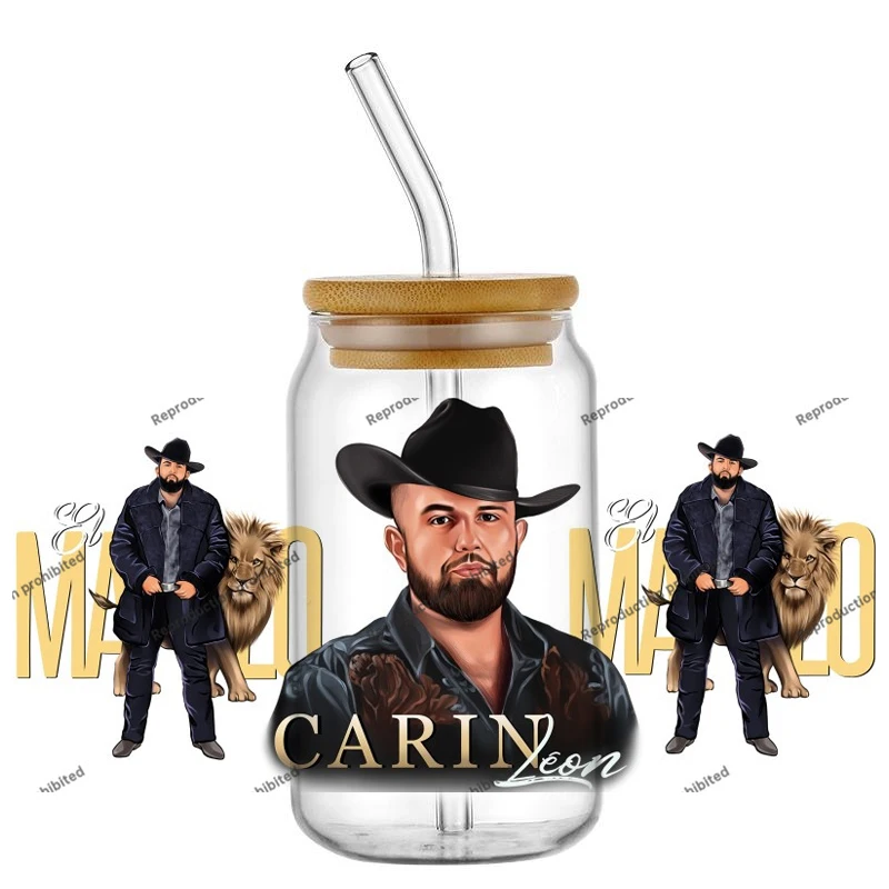 Regional Mexican Music UV DTF Wraps, Cowboy Themed Singer Carin Leon Art Stickers for 16oz Glass Cans, Waterproof DIY Decals