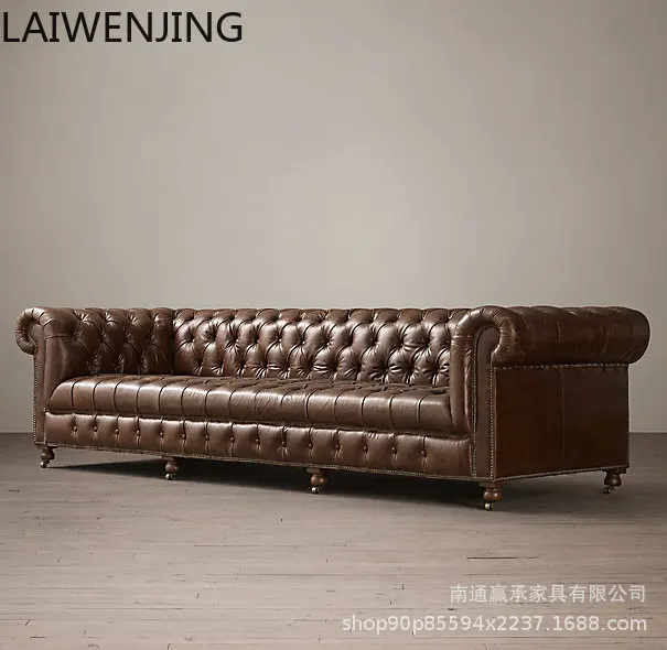 

HLZ solid wood three-person sofa rural retro first-layer cowhide buckle sofa