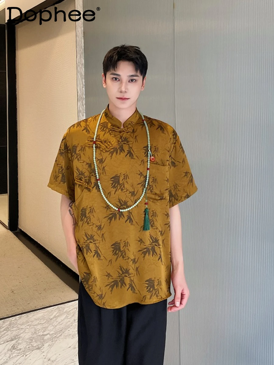 

2024 Summer Chinese Satin Painting Bamboo Printed Short Sleeve Shirts Men's Irregular Retro Fashion Shirt Men's Clothes