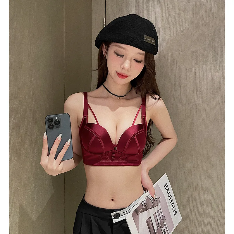 

UBAU fashion non-marking underwear female satin light luxury glossy gathered up support without steel ring adjustable liftingbra