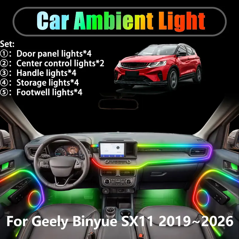 

Для Geely Binyue SX11 2019 ~ 2026 Coolray 2/18 в 1, автомобильное окружающее освещение, светодиодные внутренние светодиодные фонари багажника, USB RGB Ensemble Streamer