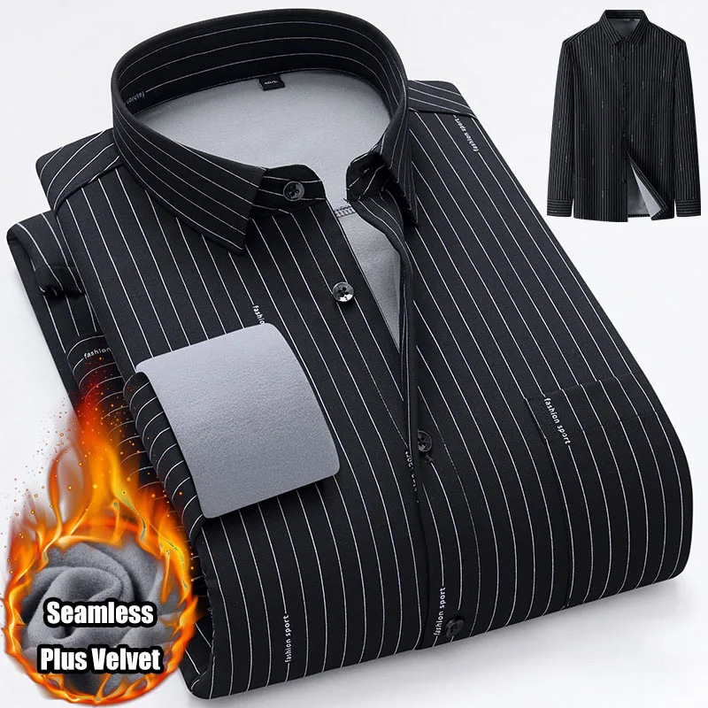 New Men's Shirt Autumn Winter Thickened Warm Long Sleeve Non-ironing Plaid Business Casual Slim-fit Fashion Striped Solid Shirts