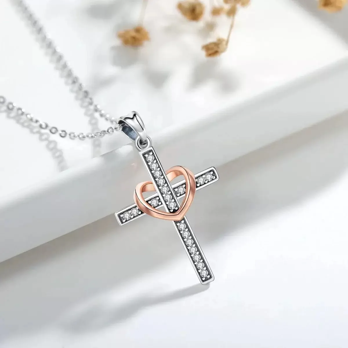 Withered S925 Sterling Silver Two-color Cross Heart Design Chain Women's Versatile Temperament Collarbone Chain