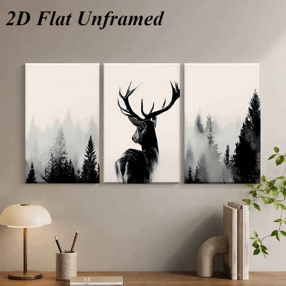 (3PCS Unframe)1 set of triptych frameless decorative paintings, modern minimalist elk forest decorative paintings, living room s
