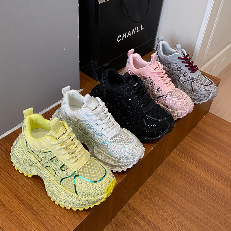 

Designer Bling Luxury Sneakers Women Rhinestone Mesh Breathable Designer Shoes Casual Shoes 7CM Breathable Platform Sneakers