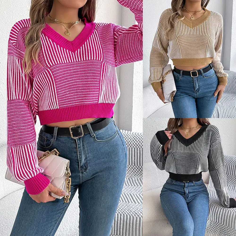 

Casual Stripe Lantern Sve Overhead Belly Sweater Autumn Long Sve Women's Cross-Border Faion Comfortable Loose Fit Kni...