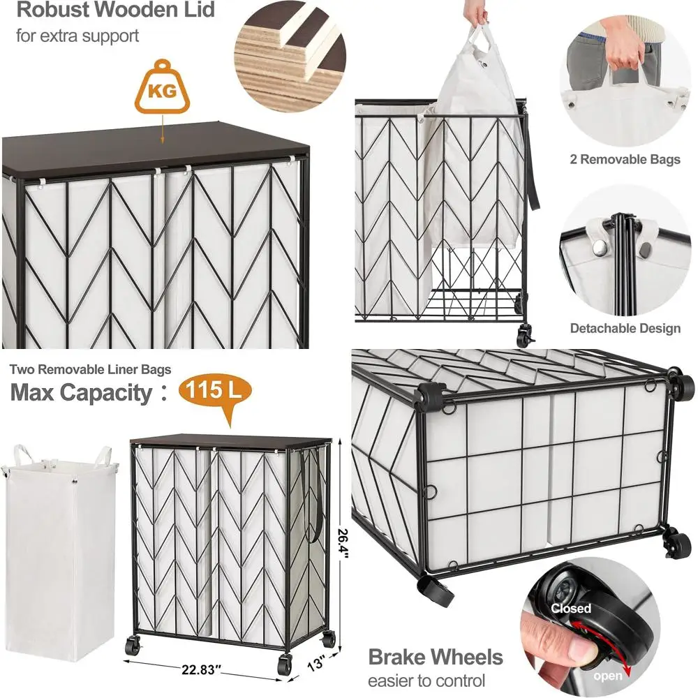 

Большая прочная корзина для белья на колесиках с деревянной крышкой и съемным вкладышем для эффективной сортировки