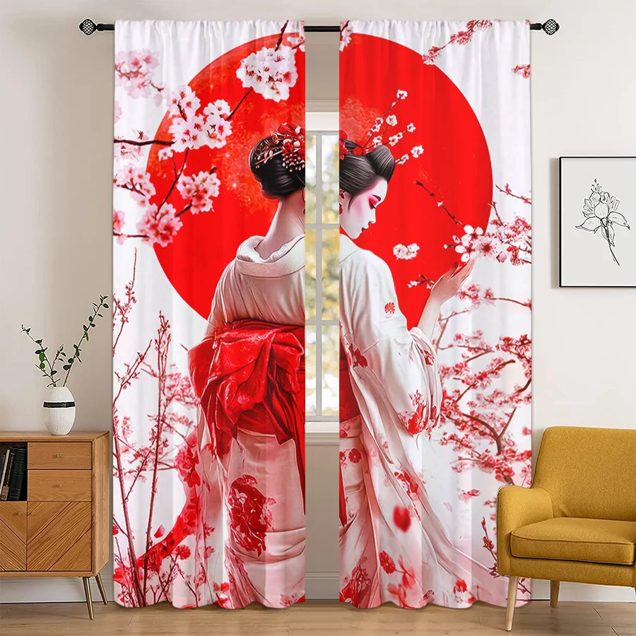 2PCS Red Sun Geisha Print Curtains, Japanese Cherry Blossom Kimono White Window Drapes for Bedroom Living Room Decor