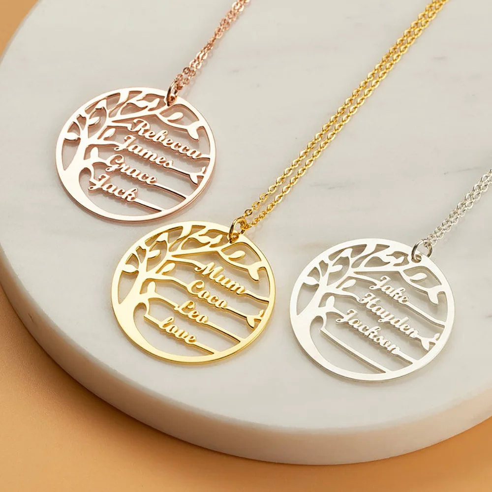 Custom Tree of Life Necklaces for Women Stainless Steel Family 1-4 Name Round Pendant Mom Necklace Jewelry Parents Birthday Gift