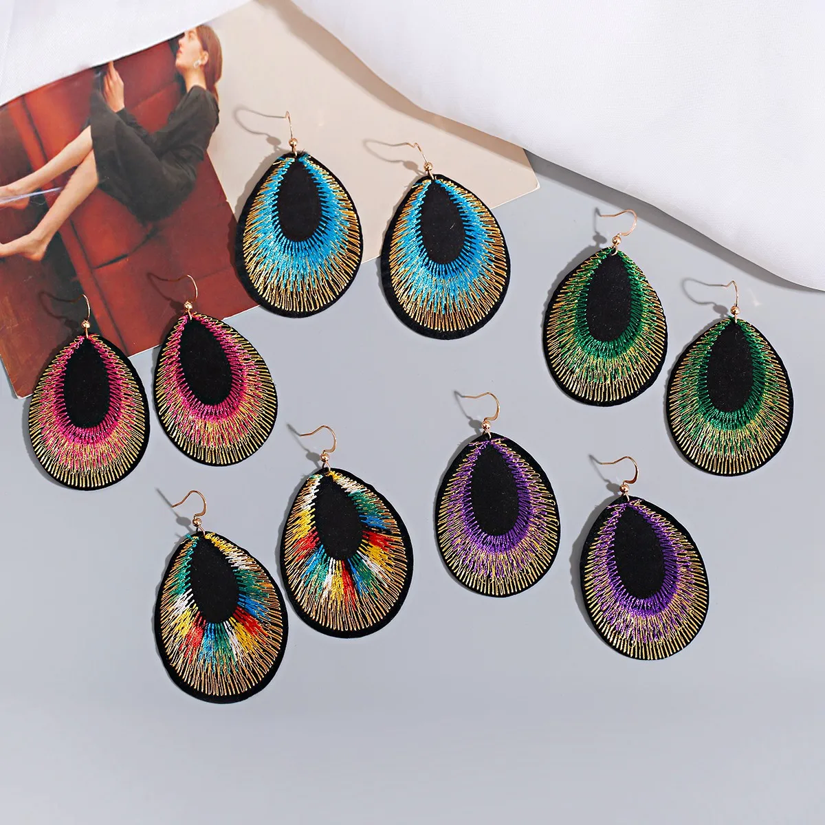 Pendientes de gota de agua grandes bordados Vintage étnico bohemio verde azul coloridos pendientes hechos a mano para mujer Brincos de fiesta