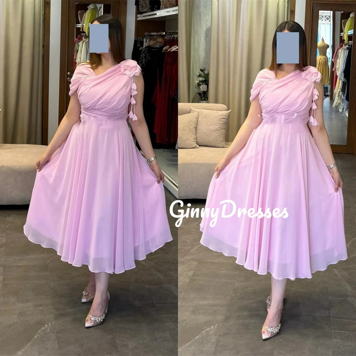 Flowers Customize A-Line V-Neck Elegant Party Dresses For Women Ruffle Sleeveless Ankle-Length Wedding Party Dress Chiffon Sleev