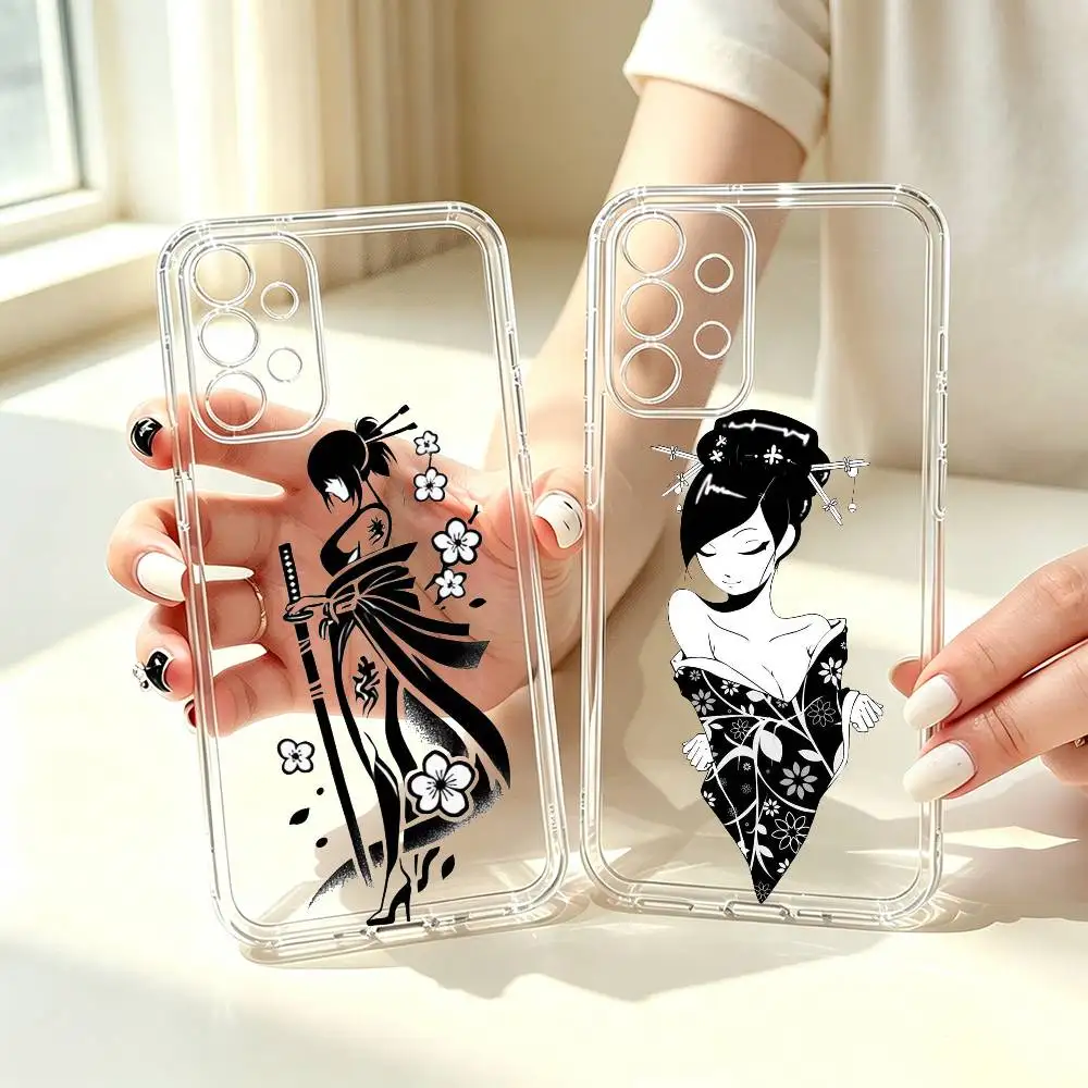 Black and white Japanese geisha  Phone Case For Samsung S25,S24,S21,S22,S23,S30,Ultra,S20,Plus,Fe Transparent Cover