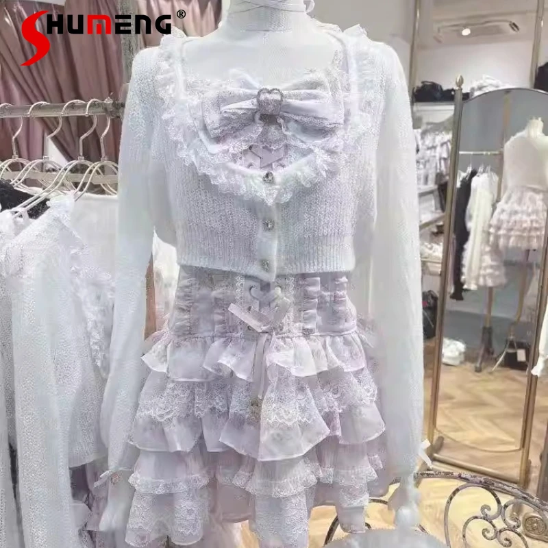 

2026 Spring New Floral Lace Camisole Dress Japanese Sweet Rose Pattern Cake Dress Long-sleeves Cardigan 2 Pieces Set For Women