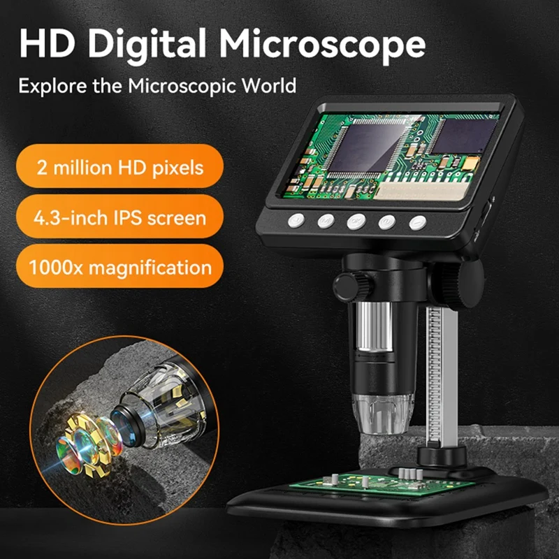 Digital Microscope, 4.3Inch LCD USB Microscope, 1080P Magnifier With 8 Adjustable LED Lights, PC View, For Adults Kids