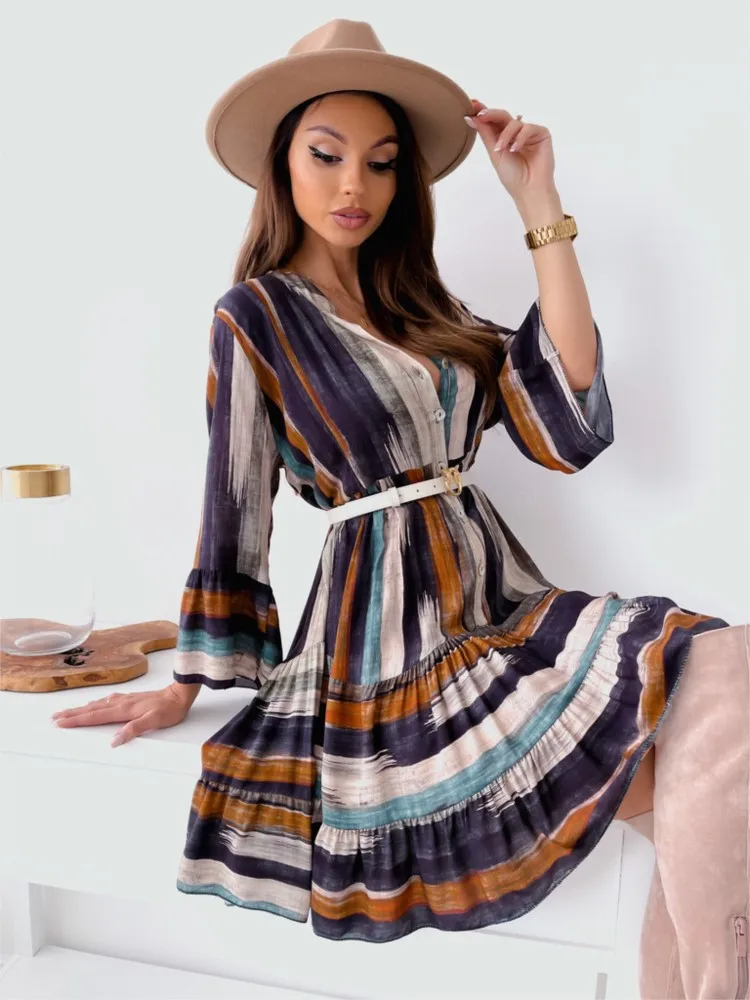

Spring Summer New Women's Fashionable Printed Multi-color Mixed Flower Sexy V-neck Button Casual Long Sleeved Big Swing Dress