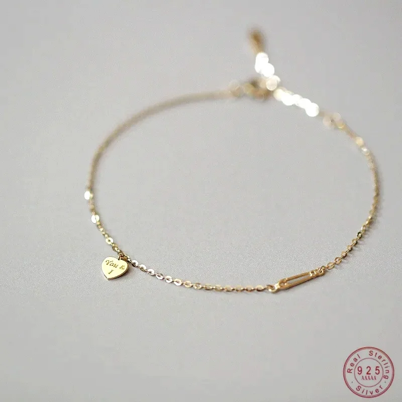925 Sterling Silver Plated 14K Gold Temperament Simple Heart Bracelet for Women Girlfriend Valentine's Day Gift Jewelry