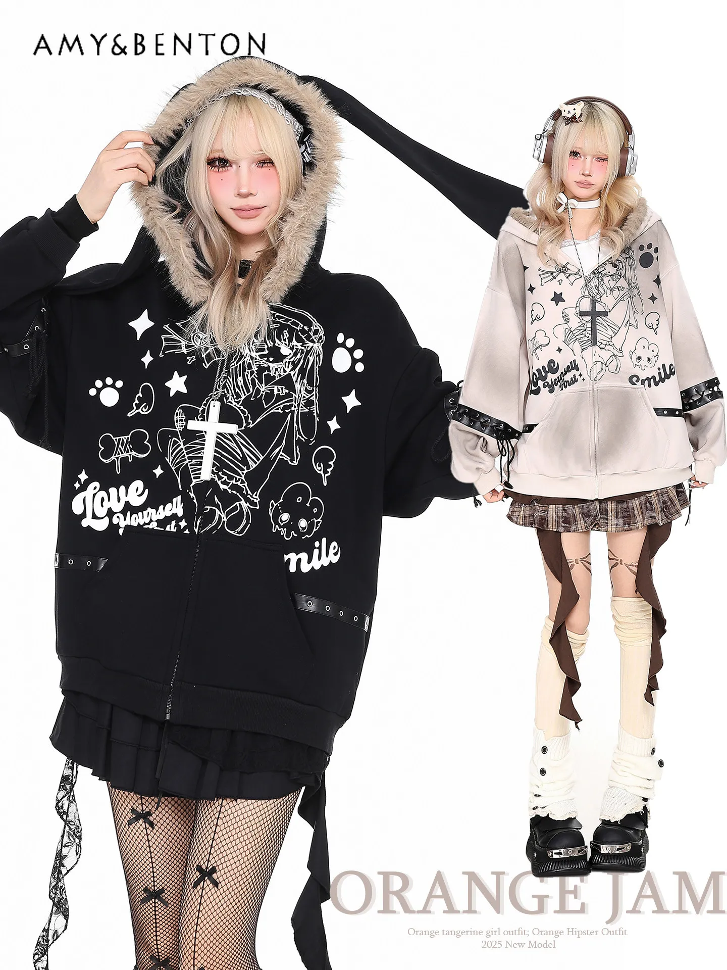 

Harajuku Vintage Punk Rabbit Ear Hoodies Women Spring New College Style Sweet Cool Casual Loose Subculture Fur Collar Jacket